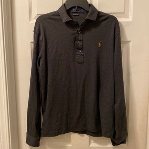 Polo Ralph Lauren Mens Dark Grey Cotton Long Sleeve Polo Shirt, Men’s Size L